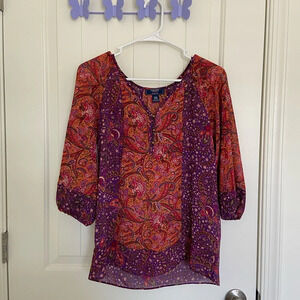 NWOT | Chaps denim petite women’s patterned multicolored loose-fitting blouse‎